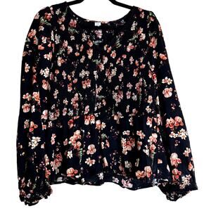Old Navy Blouse Top Women Size Large Floral Smoking Peplum Hem Cottagecore Boho